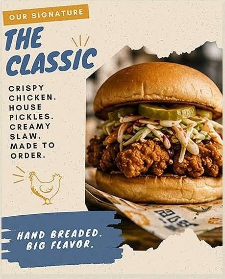 The Classic: crispy chicken, house pickles and creamy slaw on a toasted bun.