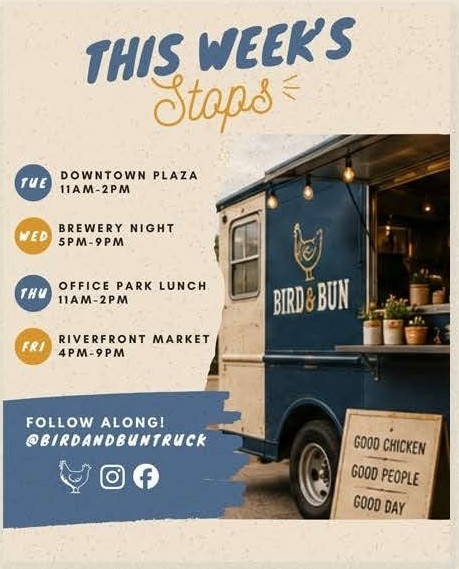 This week’s stops poster showing the Bird and Bun truck with its serving window open.