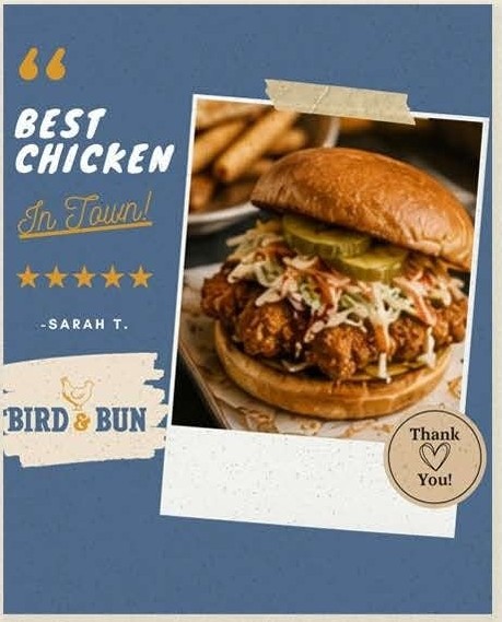 Customer review poster: best chicken in town, five stars, from Sarah T.