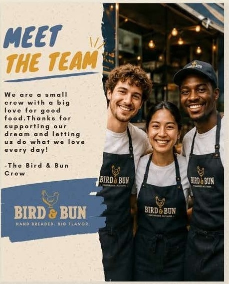 The Bird and Bun crew, three people in branded aprons in front of the truck.
